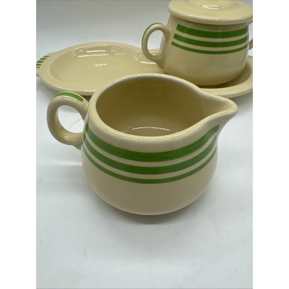 Fiesta Ware HLCCA  Covered Sugar Bowl & Creamer Figure 8 Tray Green Stripe